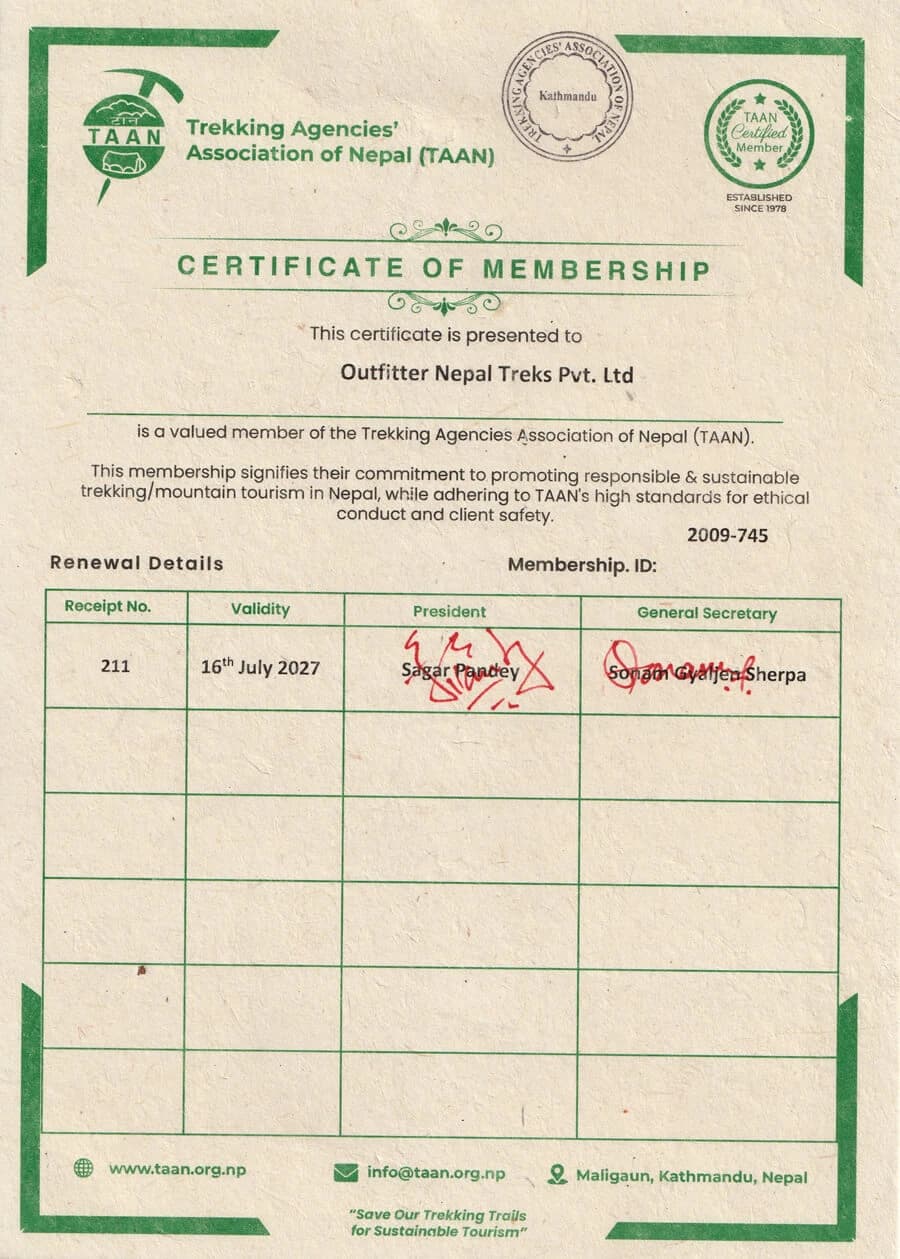 Certificate from TAAN