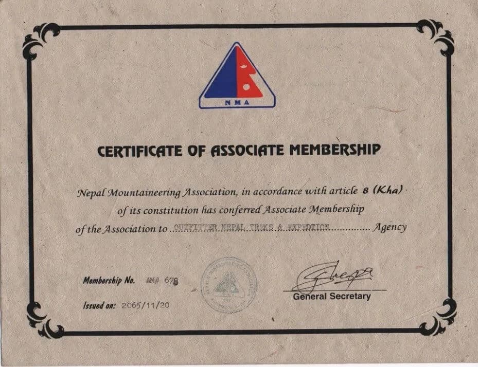 Certificate from NMA