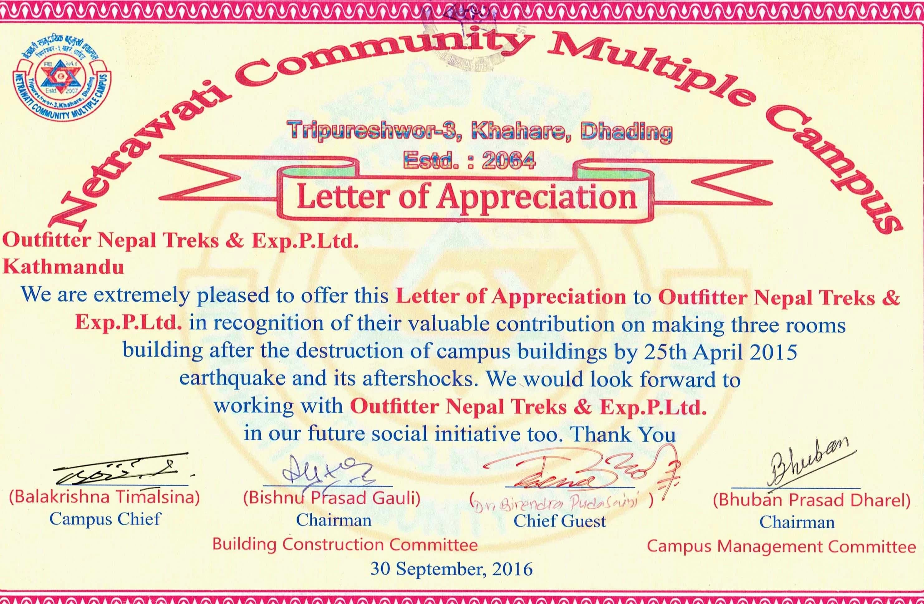 Appreciation letter from Netrawati Campus