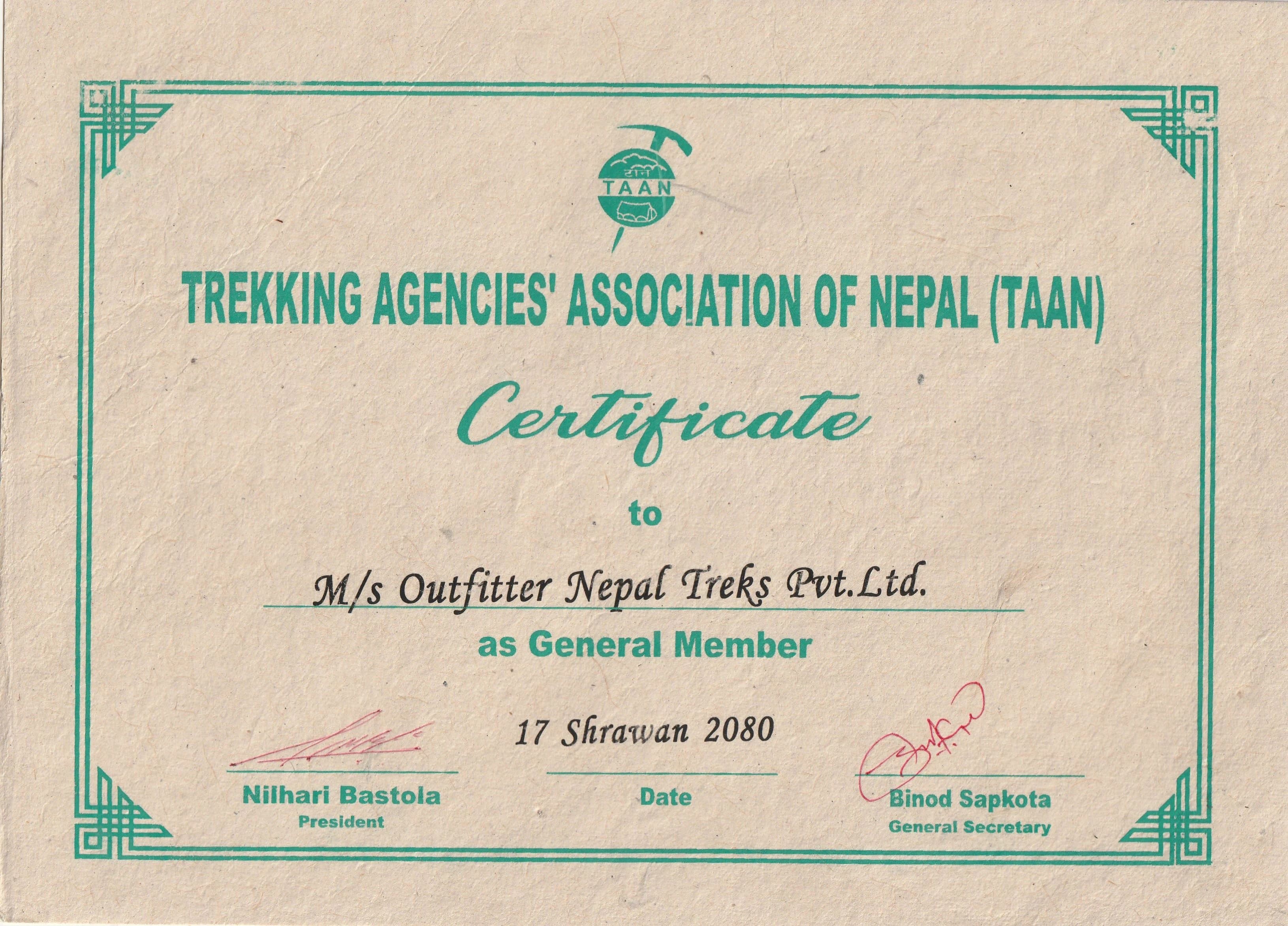 Certificate from TAAN